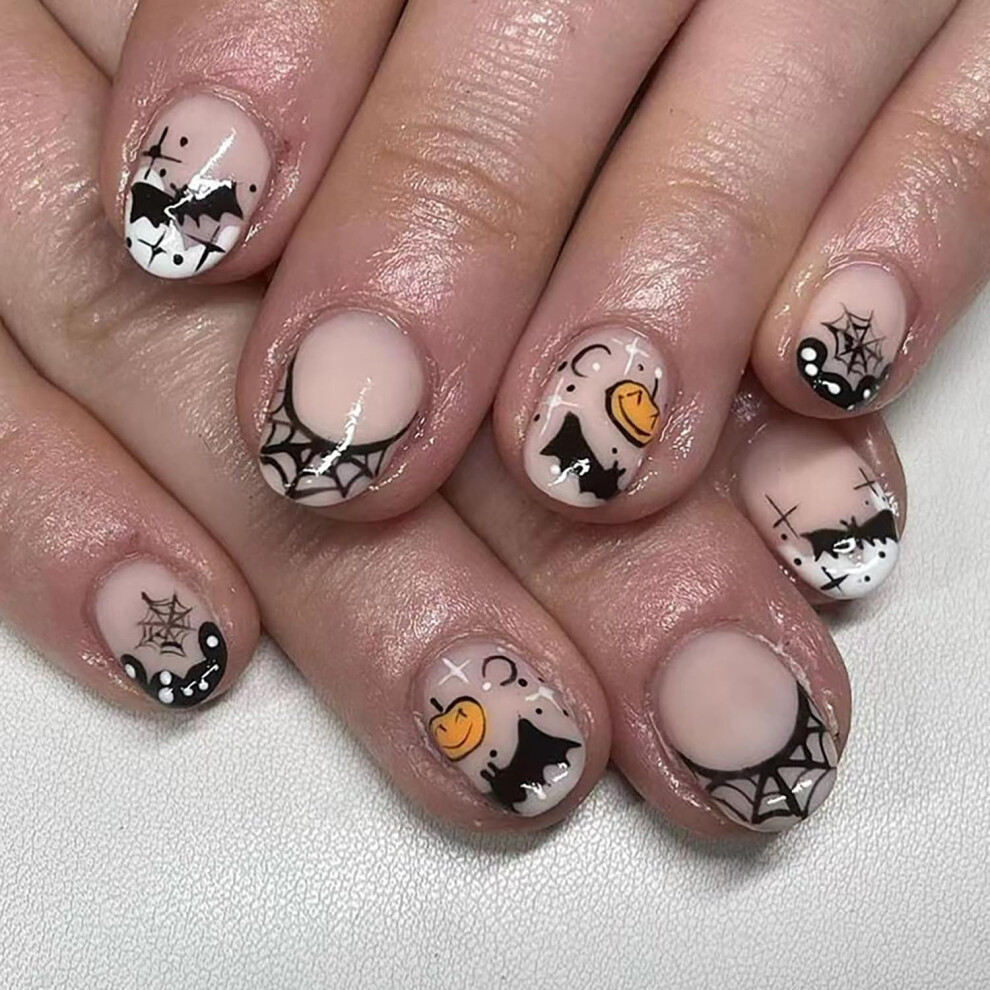Halloween Press On Nails Set Short Acrylic Fake Nails for Women 24pcs with Glue and File Reusable