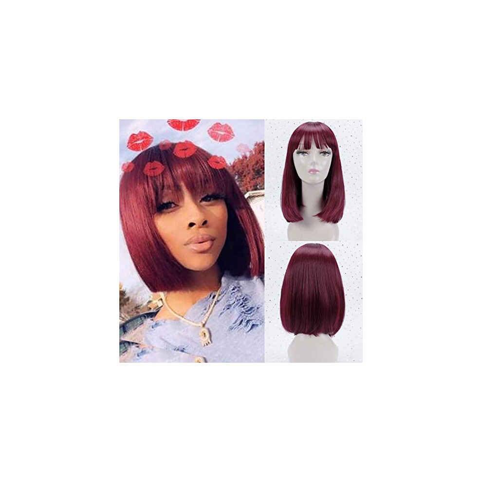 Burgundy Bob Wig with Bangs, 12 Inch Synthetic Short Hair, Natural Look, HeatFriendly, for Women