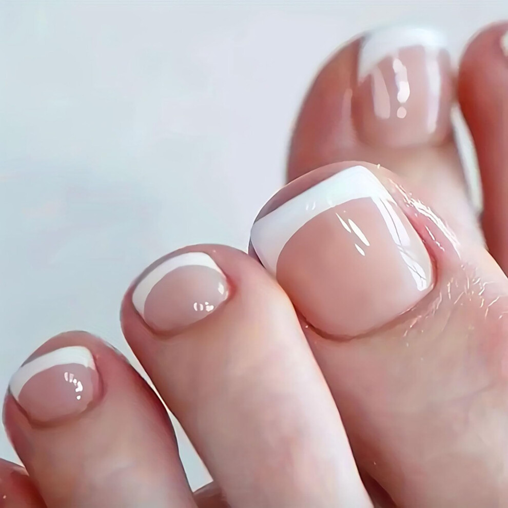 Press On Toenails Short Square French Tip Glossy Nude Full Cover Acrylic Glue On Toenails