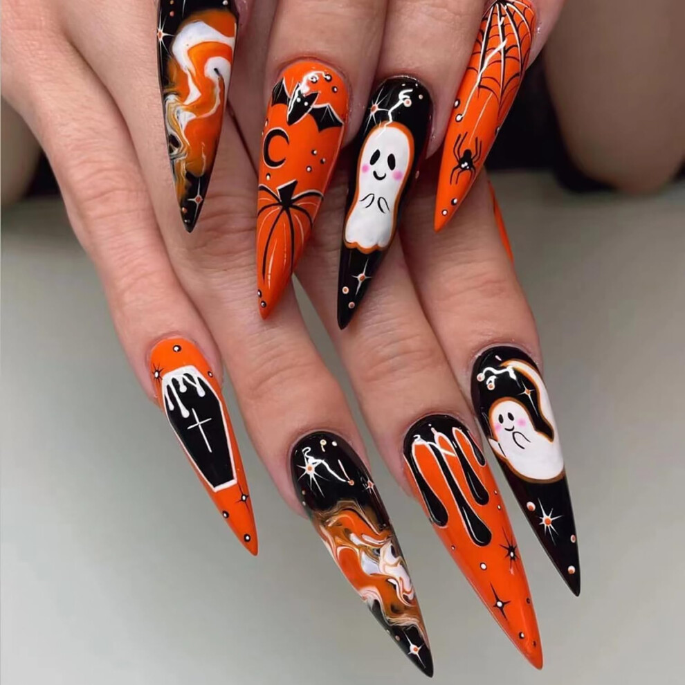 Halloween Press on Nails Long Stiletto Fake Nails 24pcs Reusable Kit with Bat Ghost Spider Designs