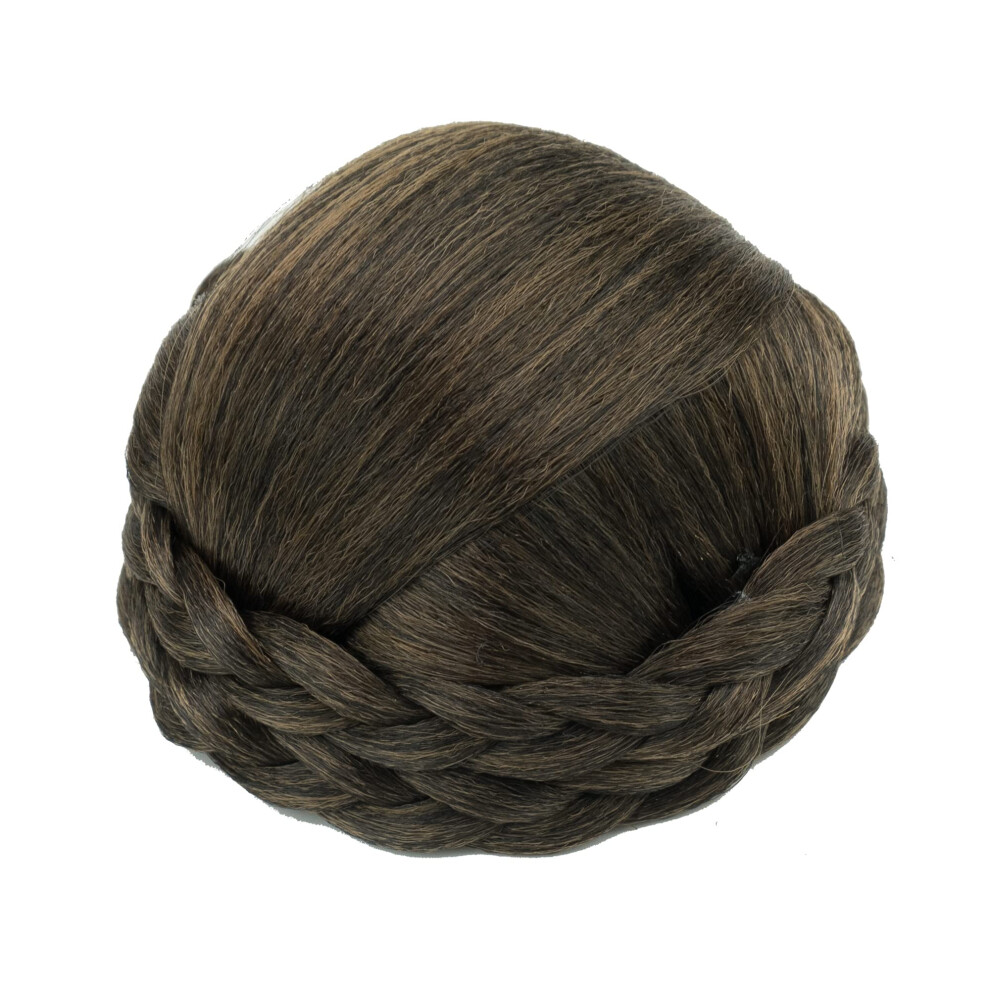Hair Bun Extension Small Size Braided Chignon Hairpiece Mix Brown with Builtin Double Clips