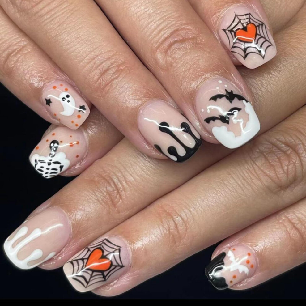 Cream Halloween Press On Nails Short Square French Tip Nude Ghost Bat Skeleton Spider Web Design False Nails Set For Women 24Pcs