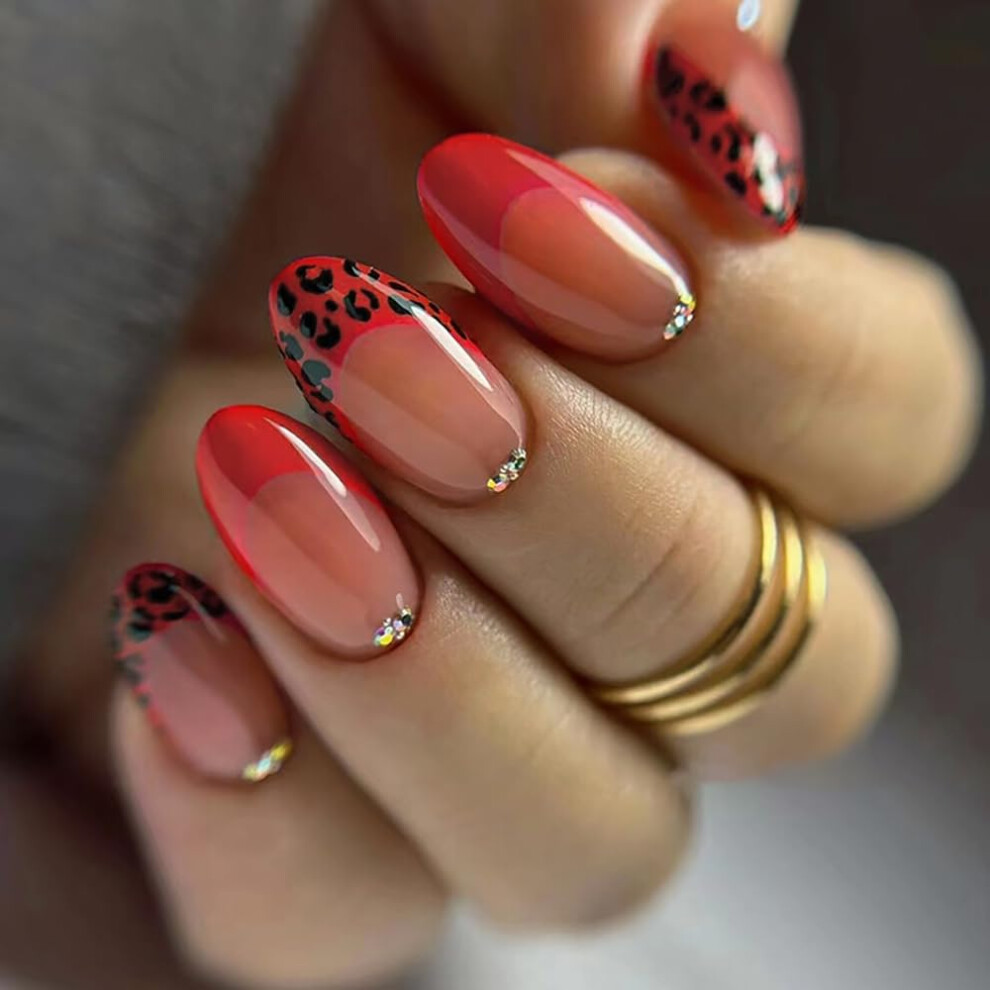 Press On Nails 24PCS Medium Almond Fake Nails with Bold French Style and Extra Tips
