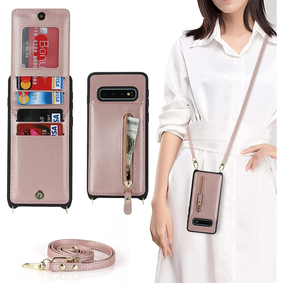 Compatible With Samsung Galaxy S10 Case Wallet For Women, Card Holder Crossbody Lanyard Strap, Credit Card Slots Kickstand Case 6.1 Inch Rosegold 9773935042223