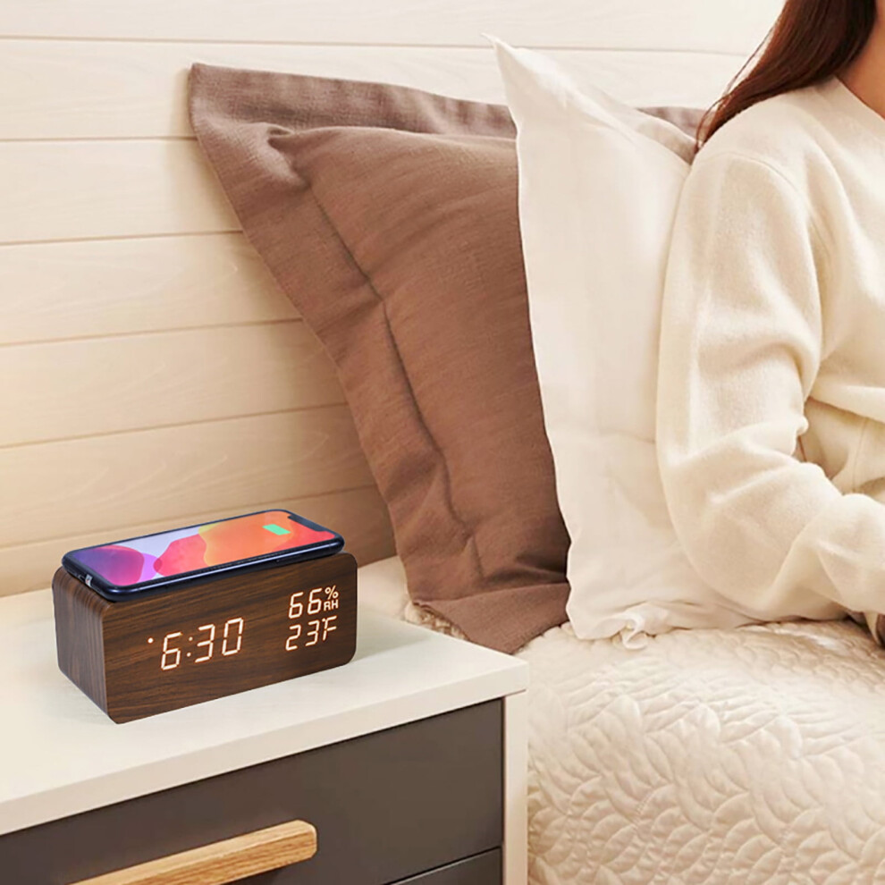 Clearance！Smart Appliances Digital Alarm Clock With Wireless Charging Digital Temperature Humidity Monitor Three Alarms Snooze Alarm