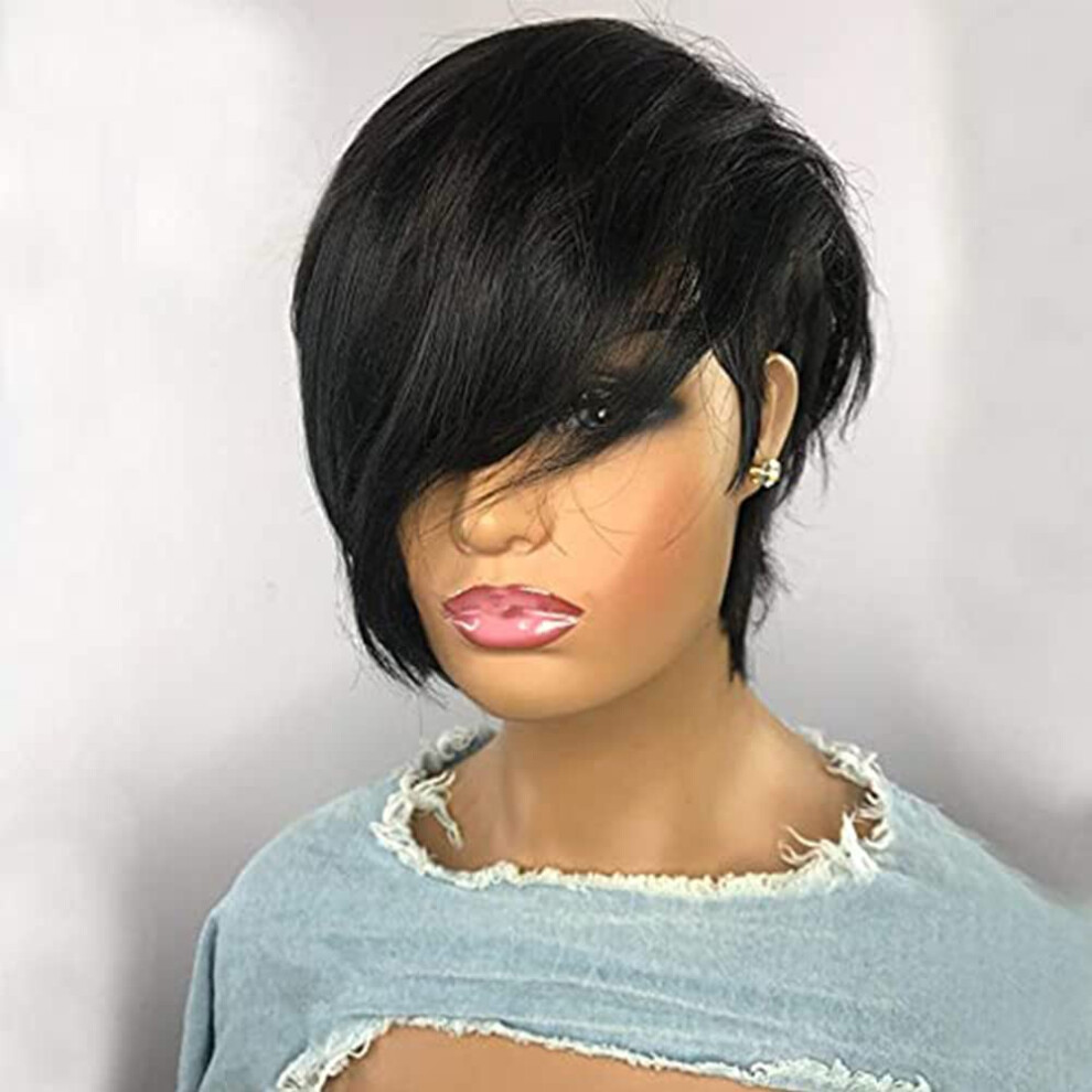 Unisex Black Pixie Cut Human Hair Wig With Bangs For Women, 8 Inch Layered Short Bob, Glueless No Lace