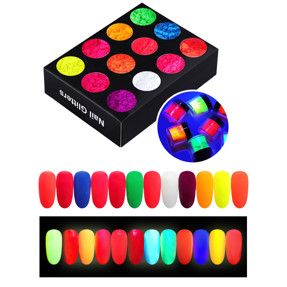 Neon Nail Powder Set 12 Colors Bright Fluorescent Finish Waterproof Ultrafine Glitter Pigment