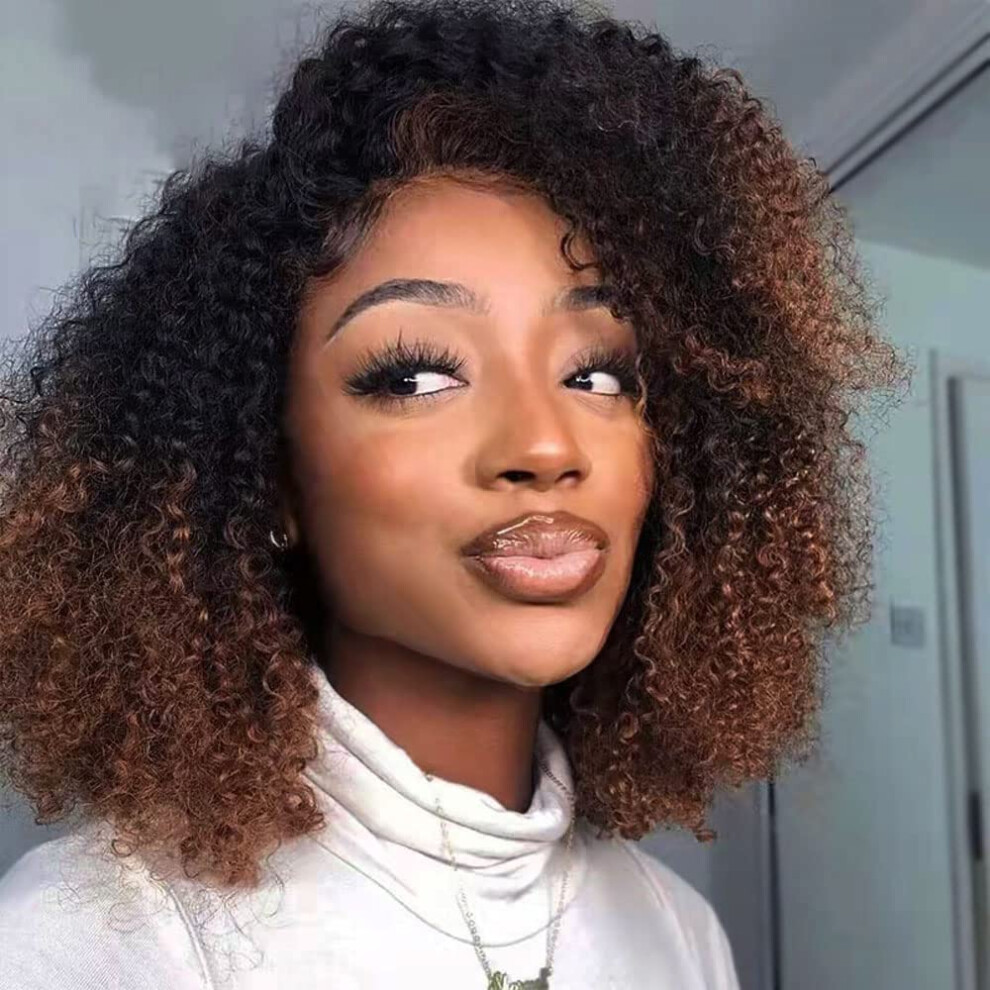 Unisex Brown 200 Density Kinky Curly Lace Front Wig Human Hair Ombre 1B 14 Inch Natural Hairline