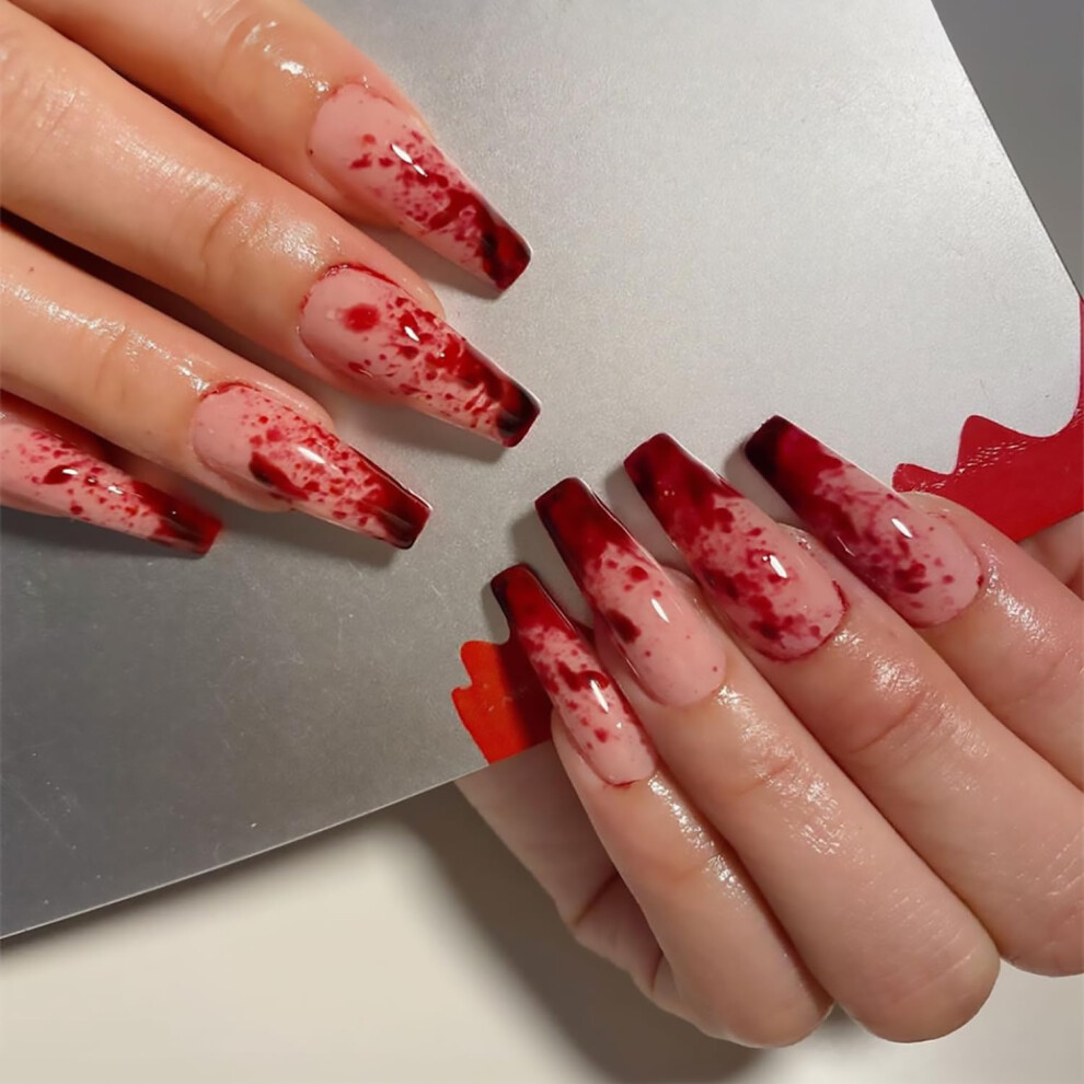 Halloween Press On Nails Coffin Long Fake Nails Glossy Blood Design Full Cover Reusable 24Pcs