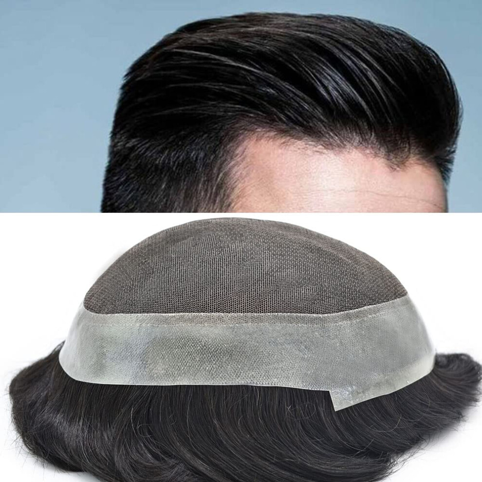 Unisex Black Mens Toupee French Lace 7X10 Remy Human Hair Natural Hairline Breathable Poly Perimeter Off