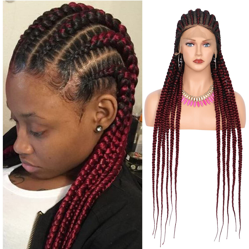 36 Inch Ombre Burgundy Lace Front Braided Wig with Baby Hair, Synthetic Box Braids for Women