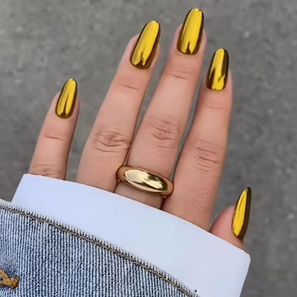 Gold Chrome Press On Nails Medium Oval Acrylic Fake Nails with Glue 24pcs Glossy Nail Set