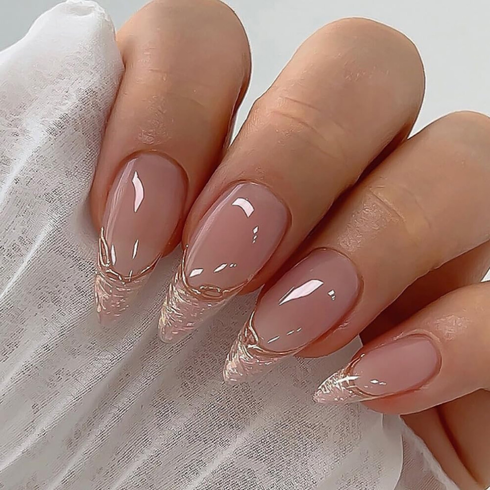 Medium Almond Press On Nails with French Tip Nude Swirl Design, 24pcs SalonQuality Acrylic Set