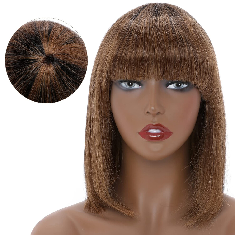 Unisex Black,Red Human Hair Bob Wig With Bangs Brazilian Virgin Hair Shoulder Length Natural Hairline Black Auburn