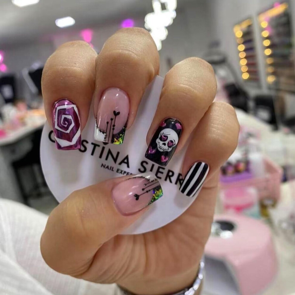 Cream Halloween Press On Nails Short Square Nude Acrylic Fake Nails With Glue French Skull Design