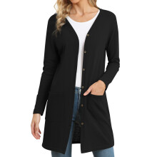 Cardigã feminino aberto na frente, manga comprida, leve, com botões, em malha respirável, modelagem slim, casual e elegante, decote em V, punhos