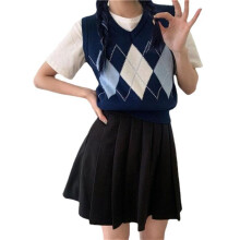 Vestă tricotată pentru femei, maiou scurt fără mâneci, cu decolteu în V, cu model în carouri Argyle, vestă tricotată în stil preppy pentru