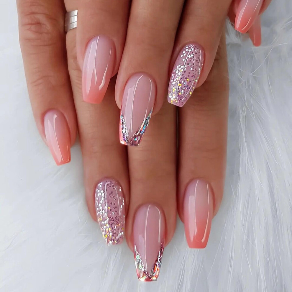 Orange Long French Tip Press On Nails Ombre Coffin Fake Nails With Glitter 24Pcs Acrylic Set