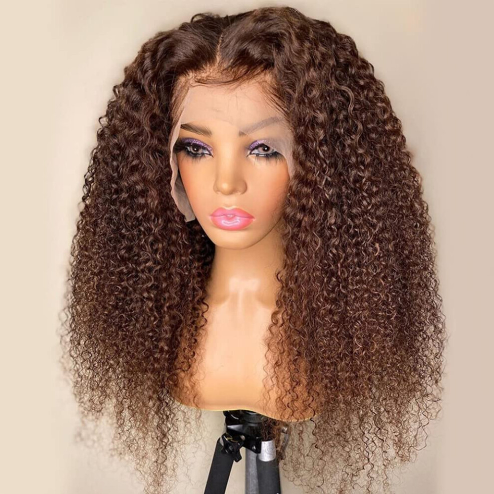 Unisex Brown Kinky Curly Lace Front Wig 13X4 Frontal Pre Plucked 180% Density Dark Human Hair 26Inch