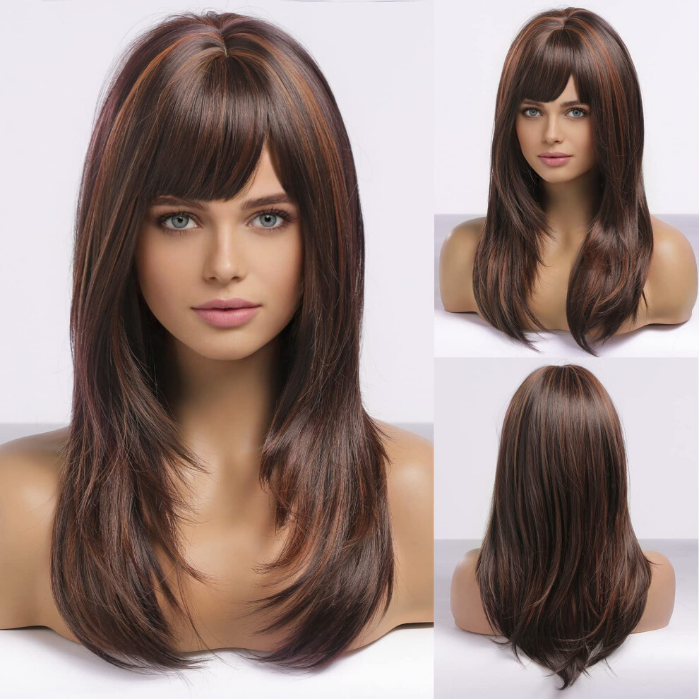 Unisex Brown Straight Layered Wig With Bangs For Women, Synthetic Highlight Long Hair, Natural Look