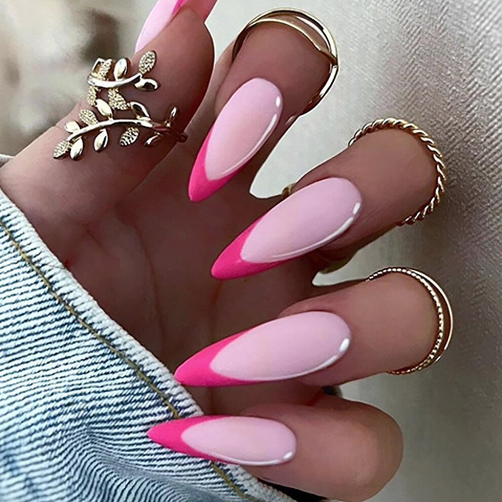 Pink Long Stiletto Press On Nails Matte Fake Nails Reusable Acrylic With Glue 24Pcs