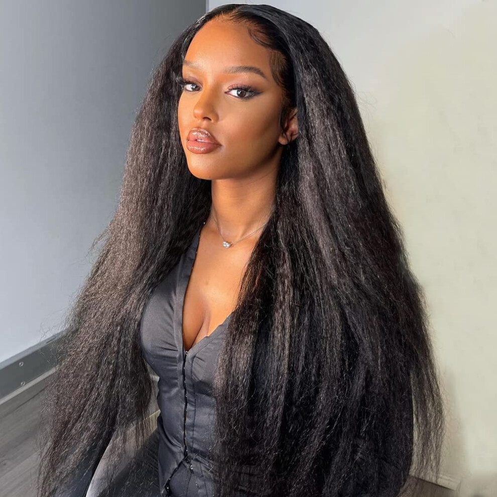 24 Inch Kinky Straight Human Hair Lace Front Wig 150 Density Italian Yaki With Baby Hair