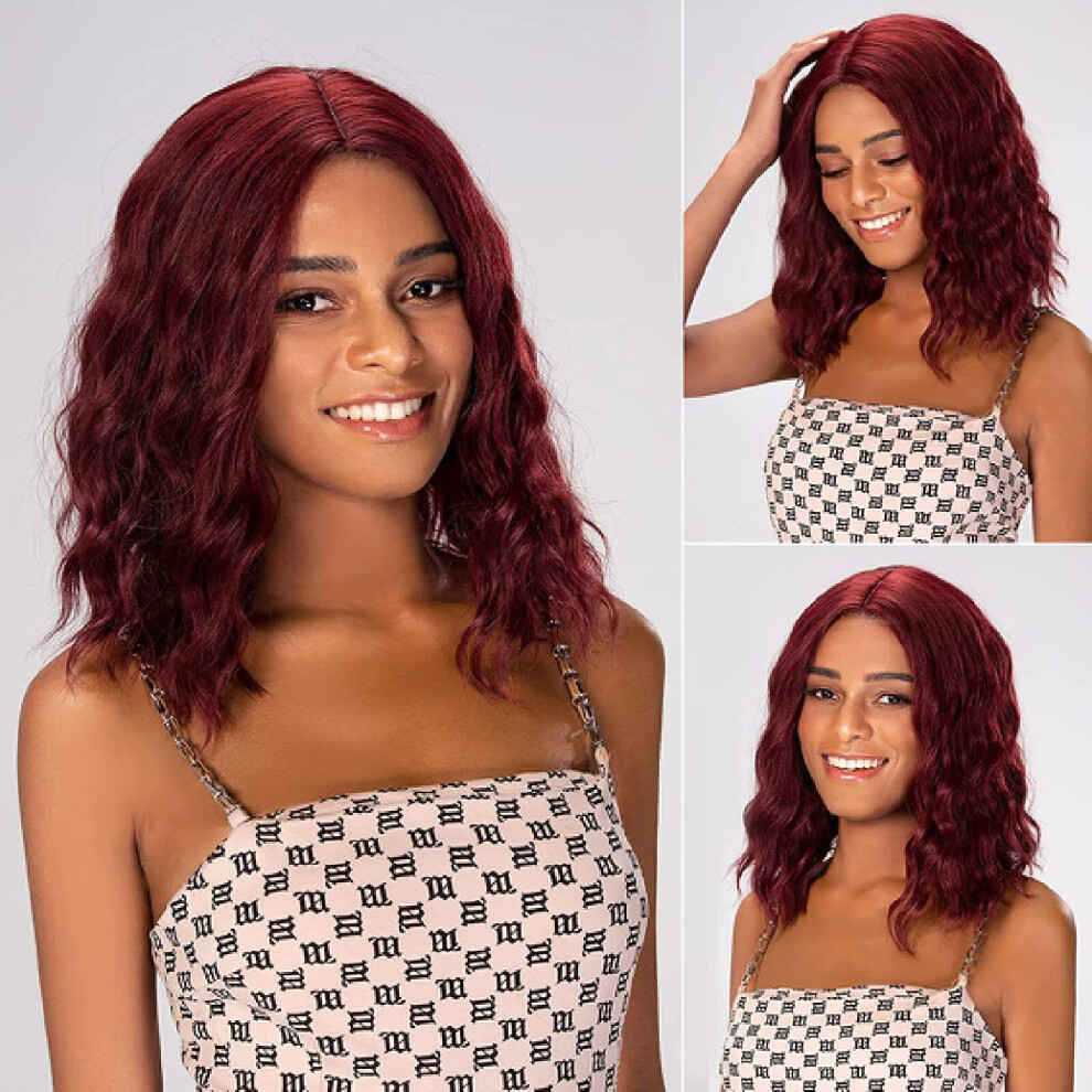 Unisex Red Wine Synthetic Headband Wig 14 Inch Wavy Bob No Glue Beginner Friendly Natural Hairline