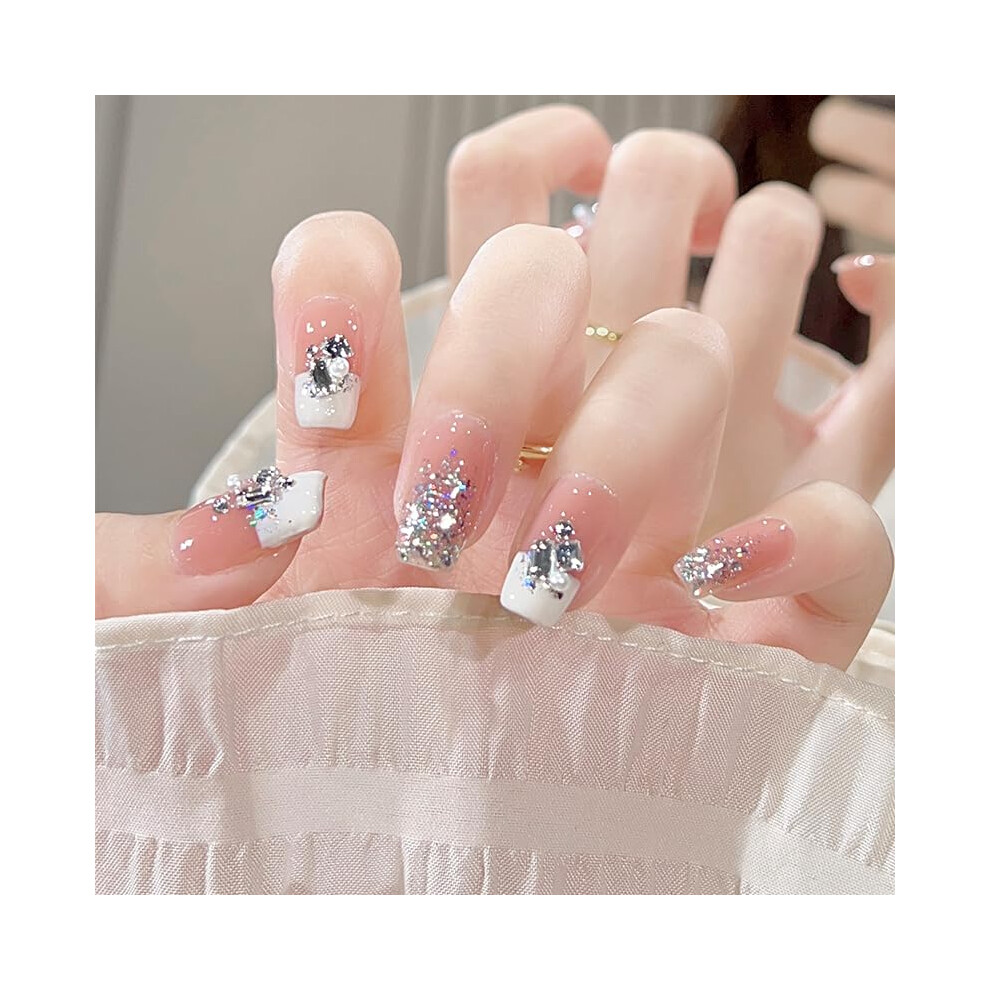 Medium French Press on Nails with Rhinestone Accent, Glossy Fake Nail Tips Set 24pcs for Women