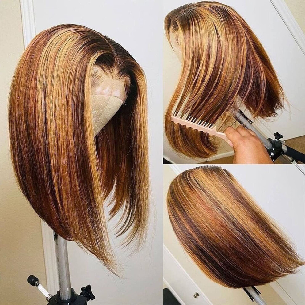 Unisex 12 Inch Honey Blonde 13X6 Human Hair Bob Lace Front Wig Pre Plucked With Baby Hair Natural Hairline