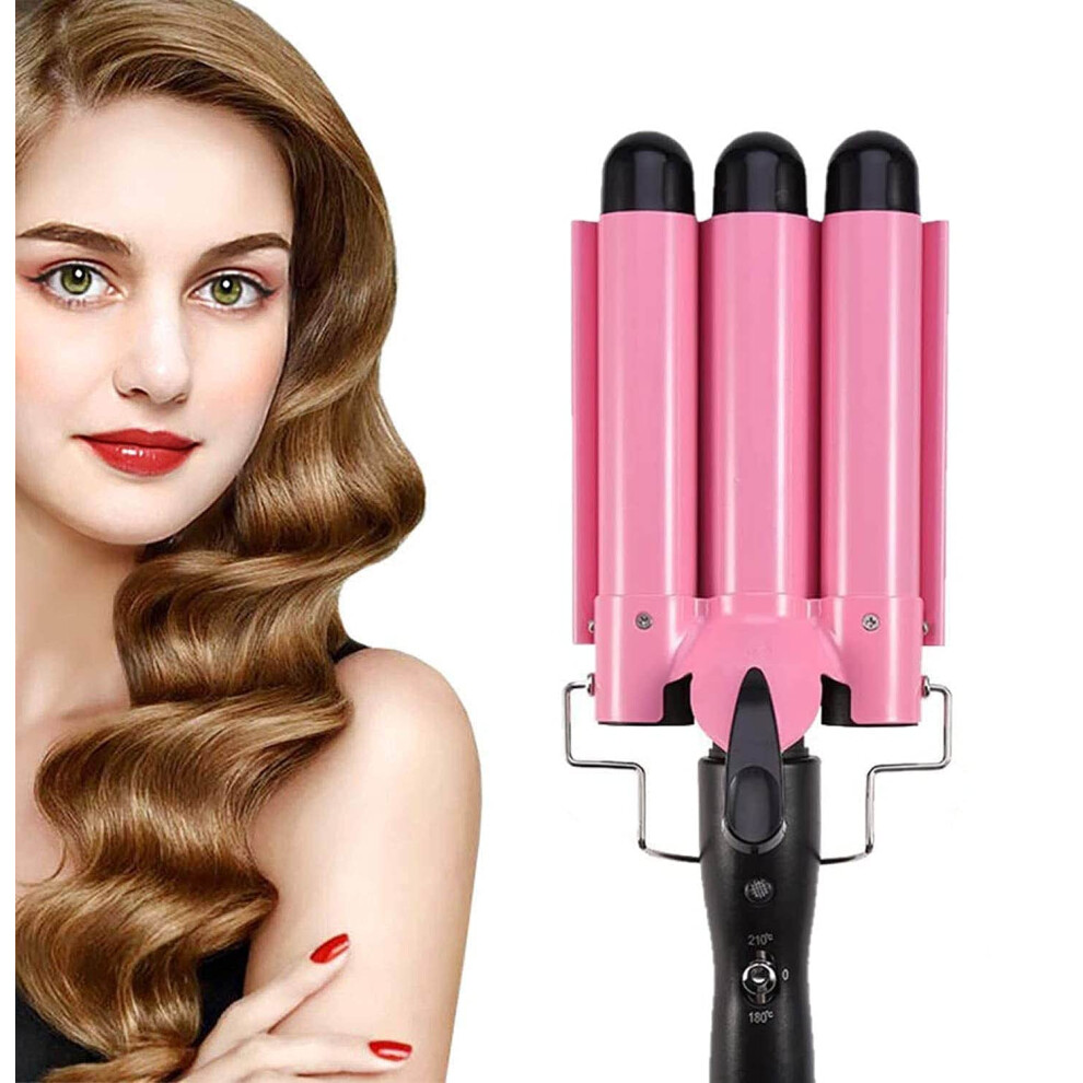 Pink Three Barrel Curling Iron 25mm Tourmaline Ceramic Hair Waver for Beach Waves Adjustable Heat