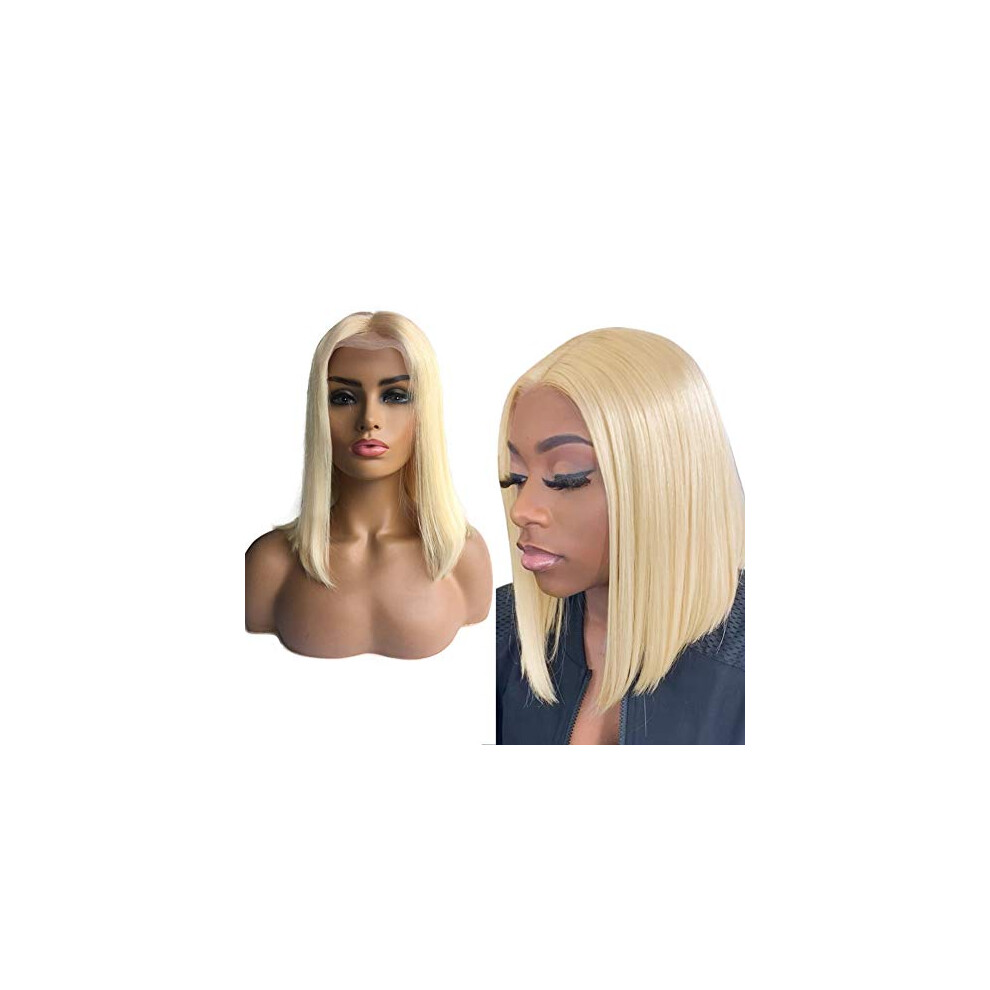 Blonde Bob Wig 613 Lace Front Human Hair, Short Blunt Cut, Pre Plucked Middle Part, 8' 150% Density