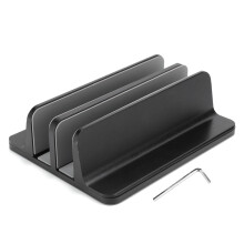 Laptophouder met verticaal ontwerp, ondersteuning voor twee apparaten, frame van aluminiumlegering, verstelbare klemming, antislip handgrepen,