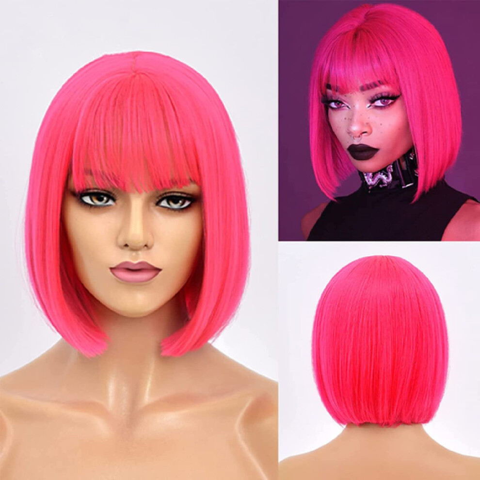 Unisex Pink Headband Wig For Women, 12 Inch Synthetic Bob With Bangs, Natural Hairline, Heat Resistant