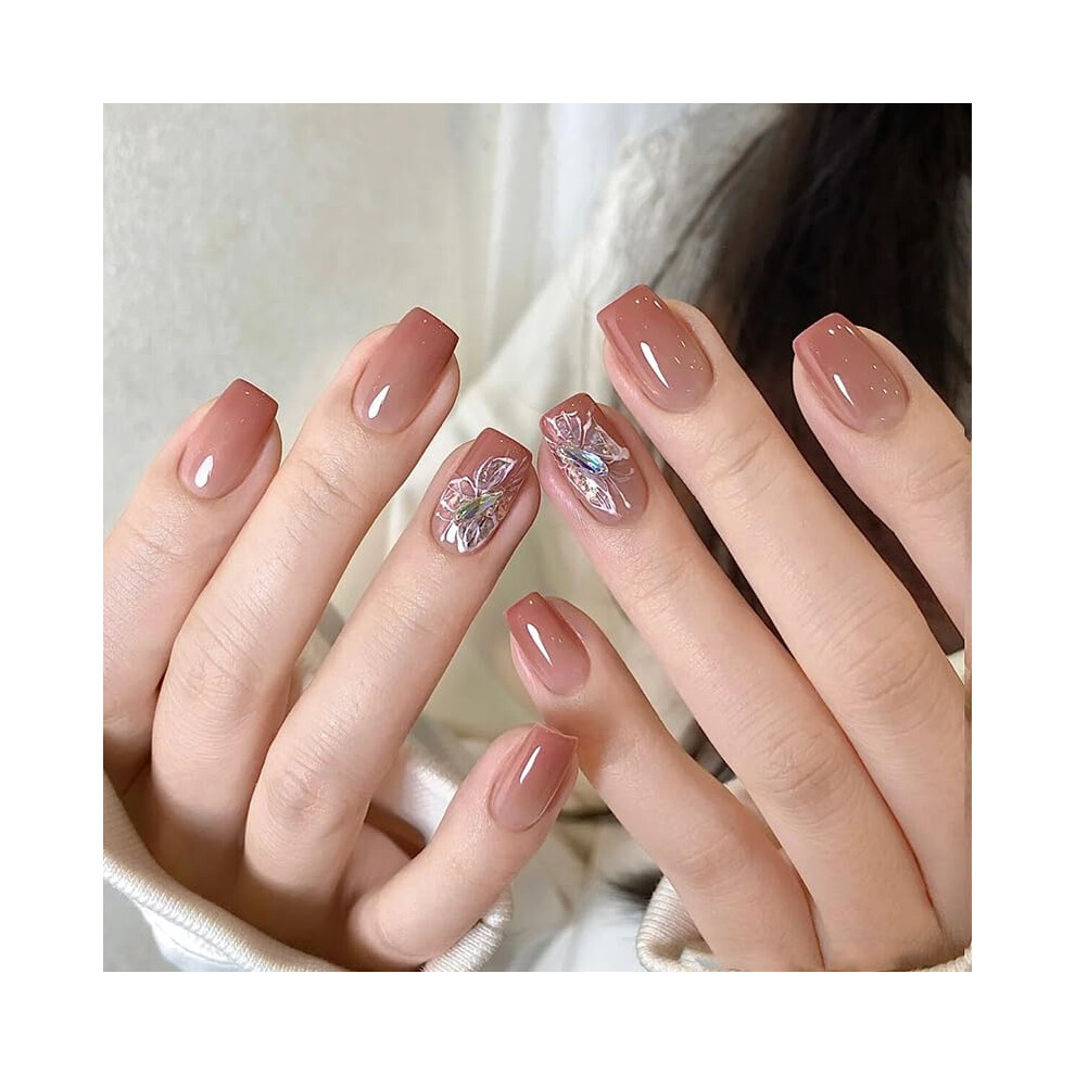 Medium French Press on Nails with Rhinestones, Glossy Reusable Fake Nail Tips, 24pcs STY27