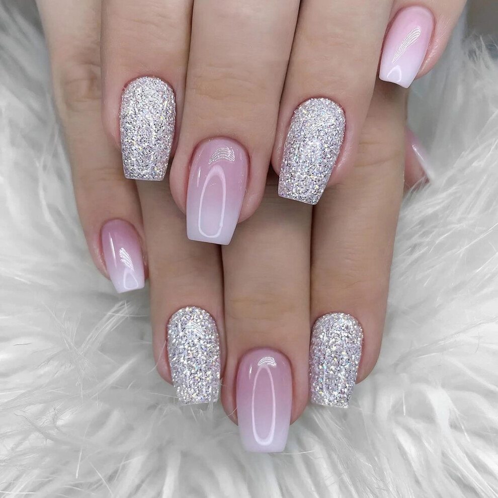 Medium Ombre Glitter Press On Nails Coffin French Tip Fake Nails 24pcs Elegant Ballerina Set