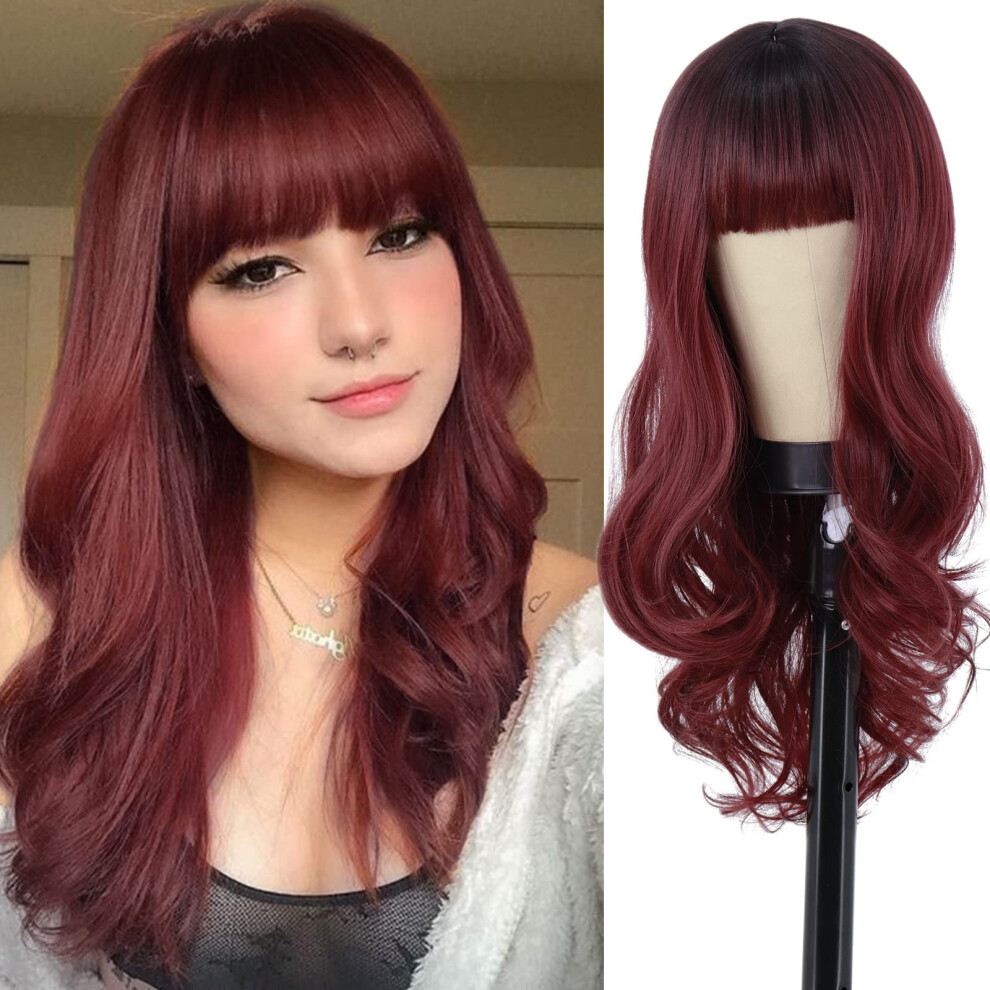 Unisex Red Wine Long Wavy Wig With Bangs For Women, 24 Inch Heatresistant Burgundy Synthetic Hair