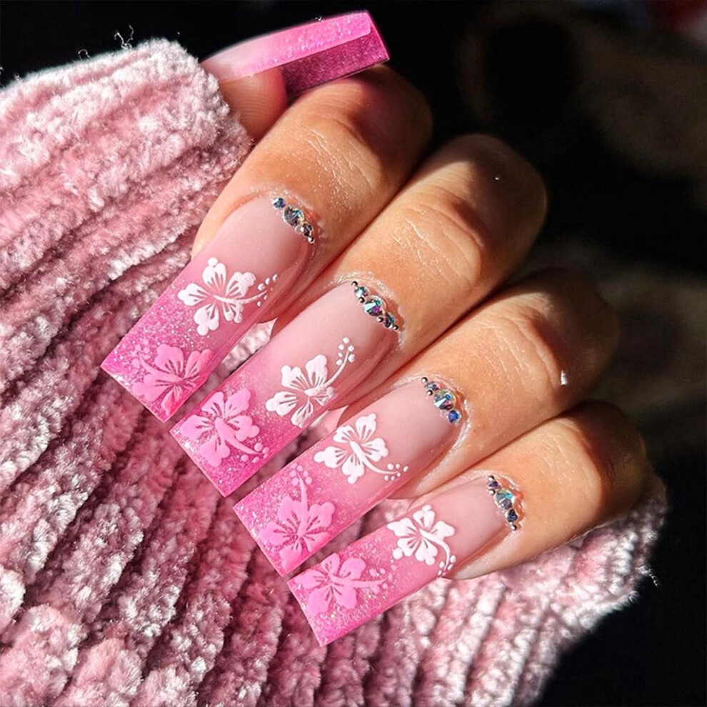 Long Square Pink Gradient Press On Nails with Maple and Rhinestones, Reusable Acrylic Coffin Tips 24PCS