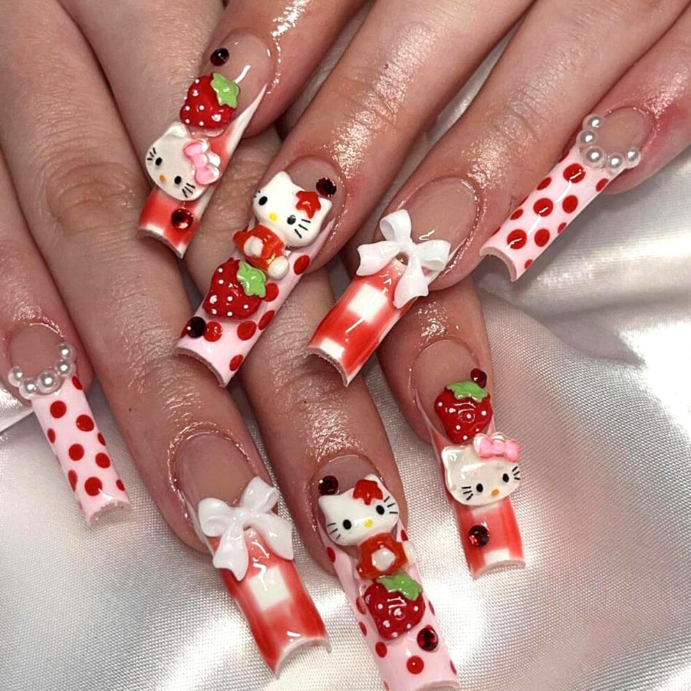Long Coffin Press On Nails French Tips with Charms Reusable Fake Nails for Women and Girls
