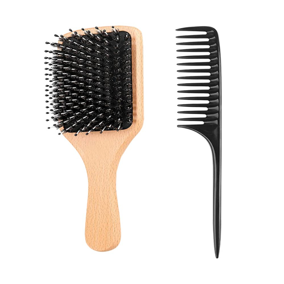 Wooden Boar Bristle Hair Brush for Scalp Massage, Detangling Wet and Dry Hair for All Hair Types