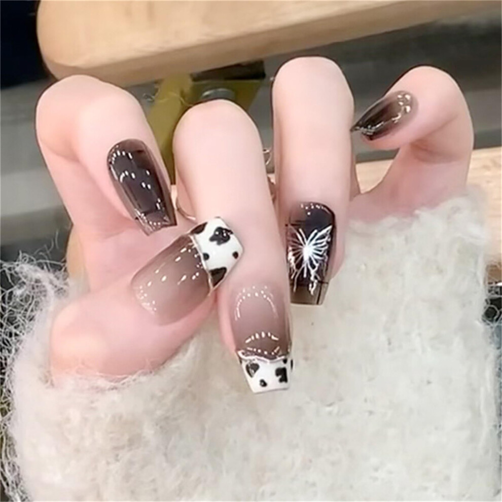 Long Coffin Press on Nails Set with Black Animal Print Butterfly, 24pcs Salon Quality Fake Nails