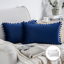Coussin décoratif Phantoscope Pom Pom Velvet Series, 30 x 50 cm, bleu marine, lot de 2