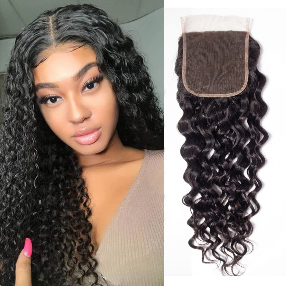 16 Inch Water Wave Brazilian Virgin Hair Closure Pre Plucked 4x4 Lace Natural Color Wet and Wavy