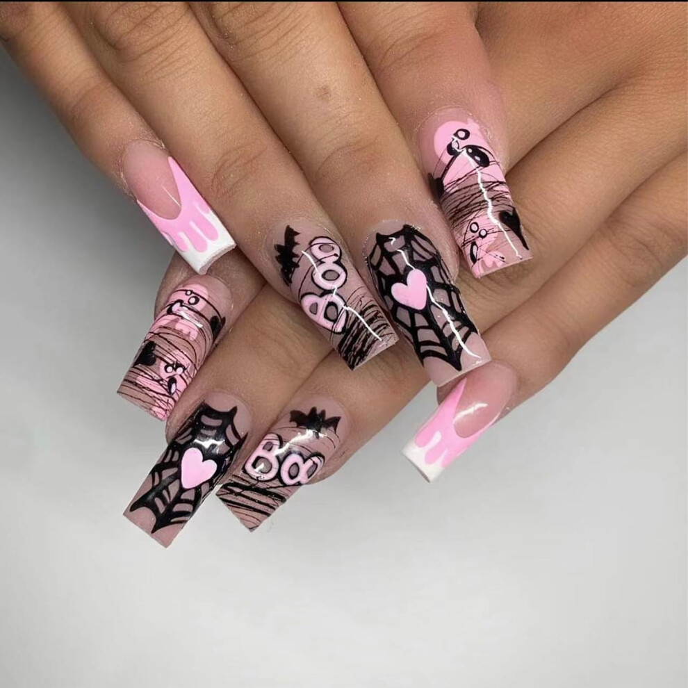 Halloween Coffin Press On Nails with Ghost Designs 24pcs Acrylic False Nails for Instant Manicure