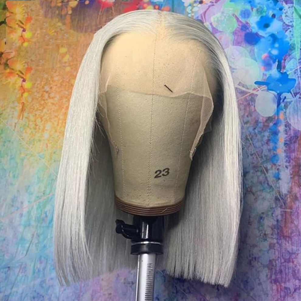 Unisex Grey Human Hair Lace Front Bob Wig 13X6 Glueless Pre Plucked Bleached Knots 12 Inch Silky Straight 150% Density Virgin Hair