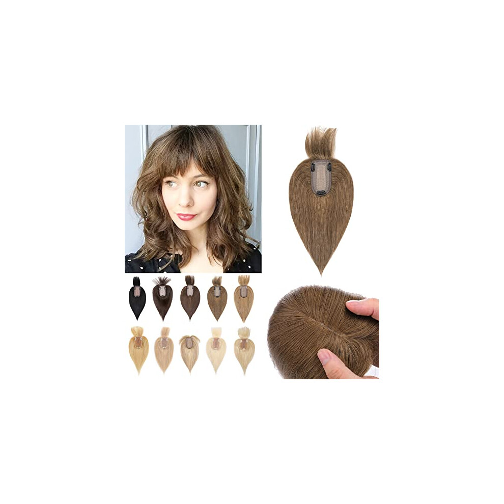 Unisex Brown Clip In Remy Human Hair Topper With Bangs Silk Base For Women Thinning Hair 12' 150% Density Light
