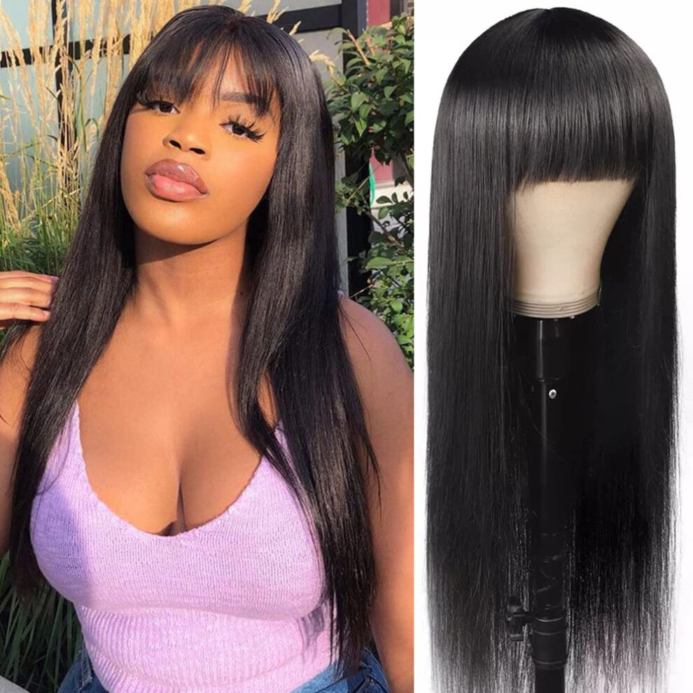 Straight 16 Inch Human Hair Wig with Bangs, Natural Black Brazilian Virgin, 180 Density for Black Women