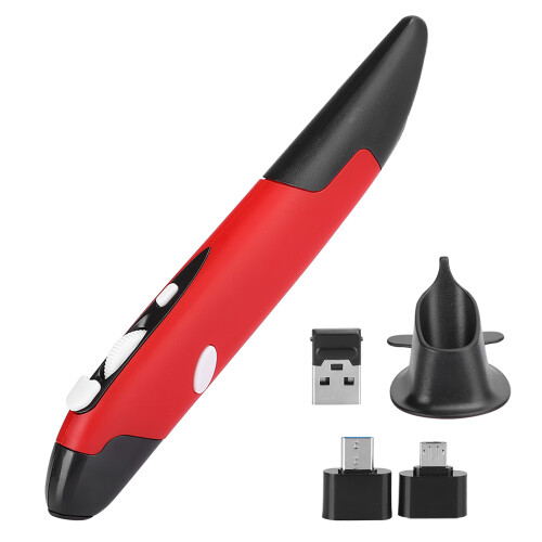 Mouse a penna wireless a risparmio energetico, USB 2.4G, ottico, con 4 pulsanti e design ergonomico per PC, Mac e tablet (rosso)