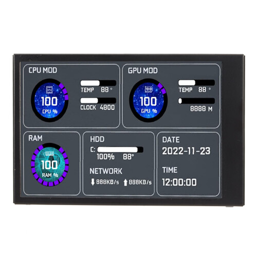 Mini tela IPS USB com interface dupla USB-C para PC, exibição de temperatura, temas integrados, ajuste contínuo de brilho de 3,5 polegadas, 1