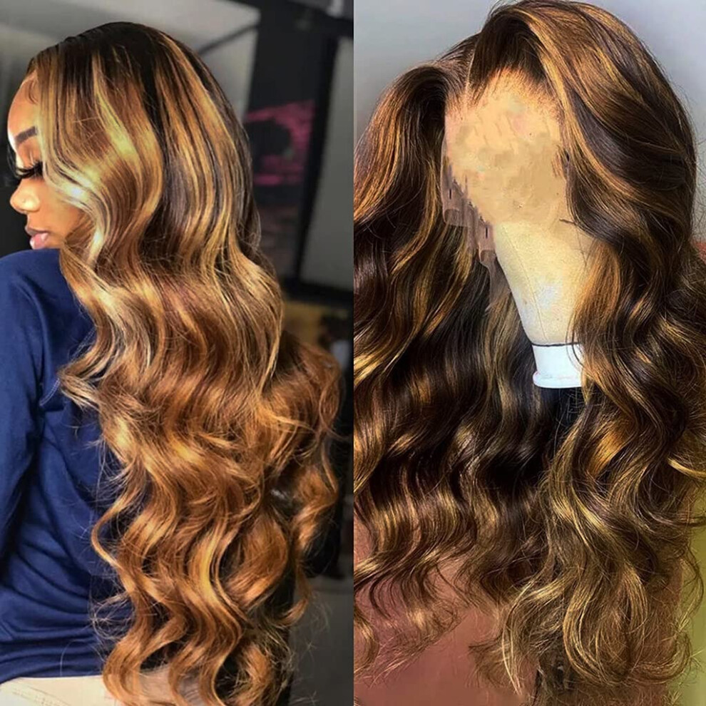 Glueless Human Hair Wig 4/27 Highlight Brazilian Body Wave 150% Density Lace Front Ombre Brown Honey Blonde 16 Inch