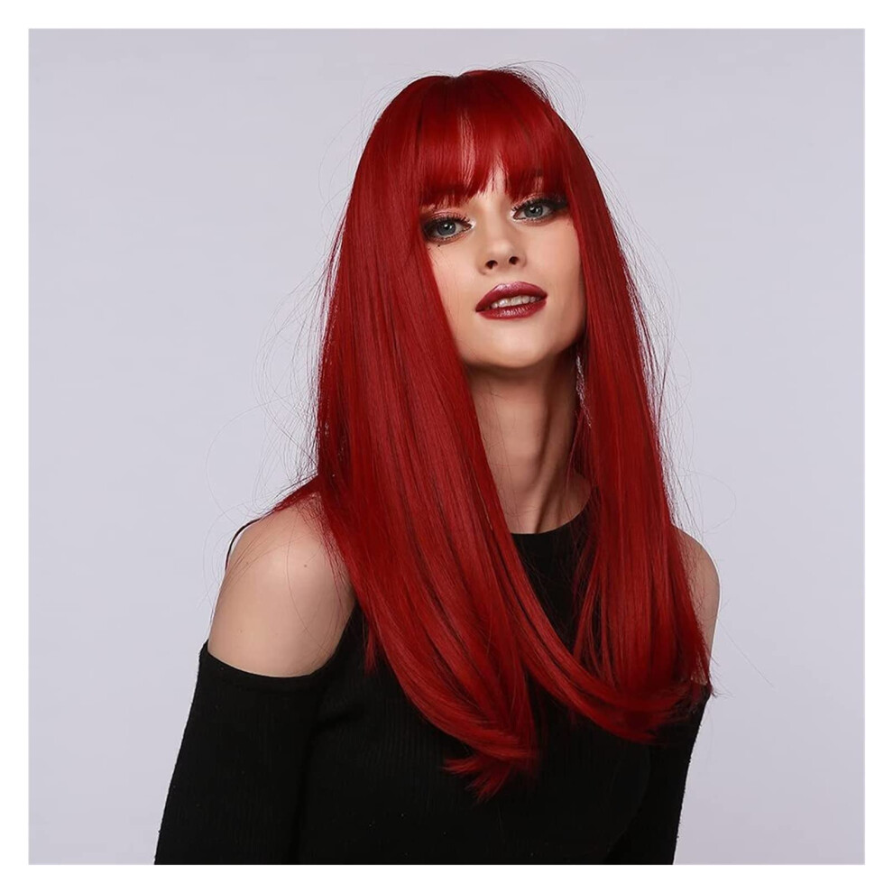 Unisex Red Long Straight Wig With Bangs For Women Synthetic Vibrant Costume And Cosplay Hair